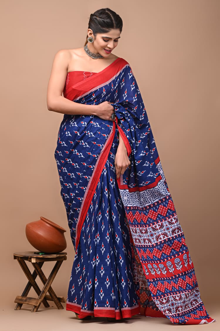 Navy Blue Printed Handloom Cotton Mulmul Saree