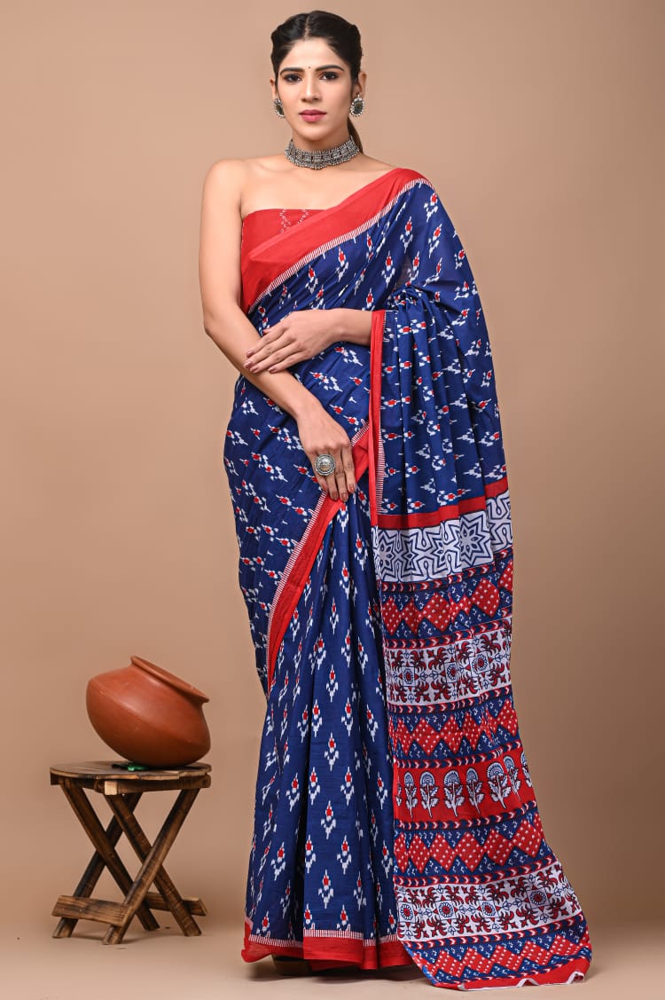 Navy Blue Printed Handloom Cotton Mulmul Saree
