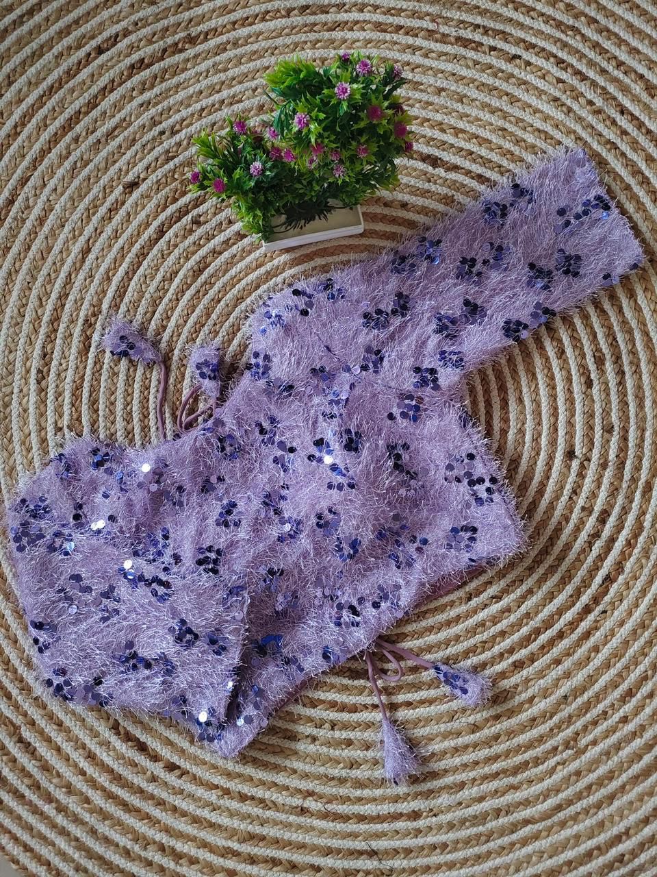 Sequin Enhanced Fur Readymade Blouse