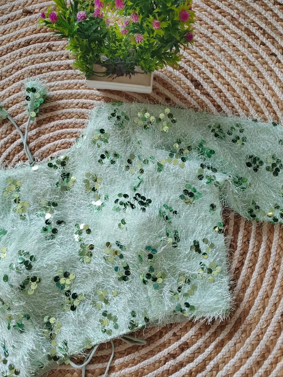 Sequin Enhanced Fur Readymade Blouse