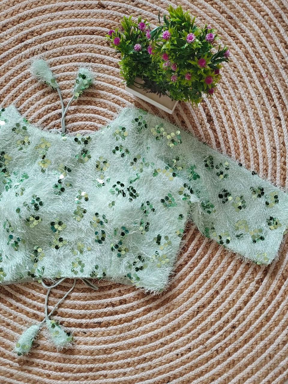Sequin Enhanced Fur Readymade Blouse