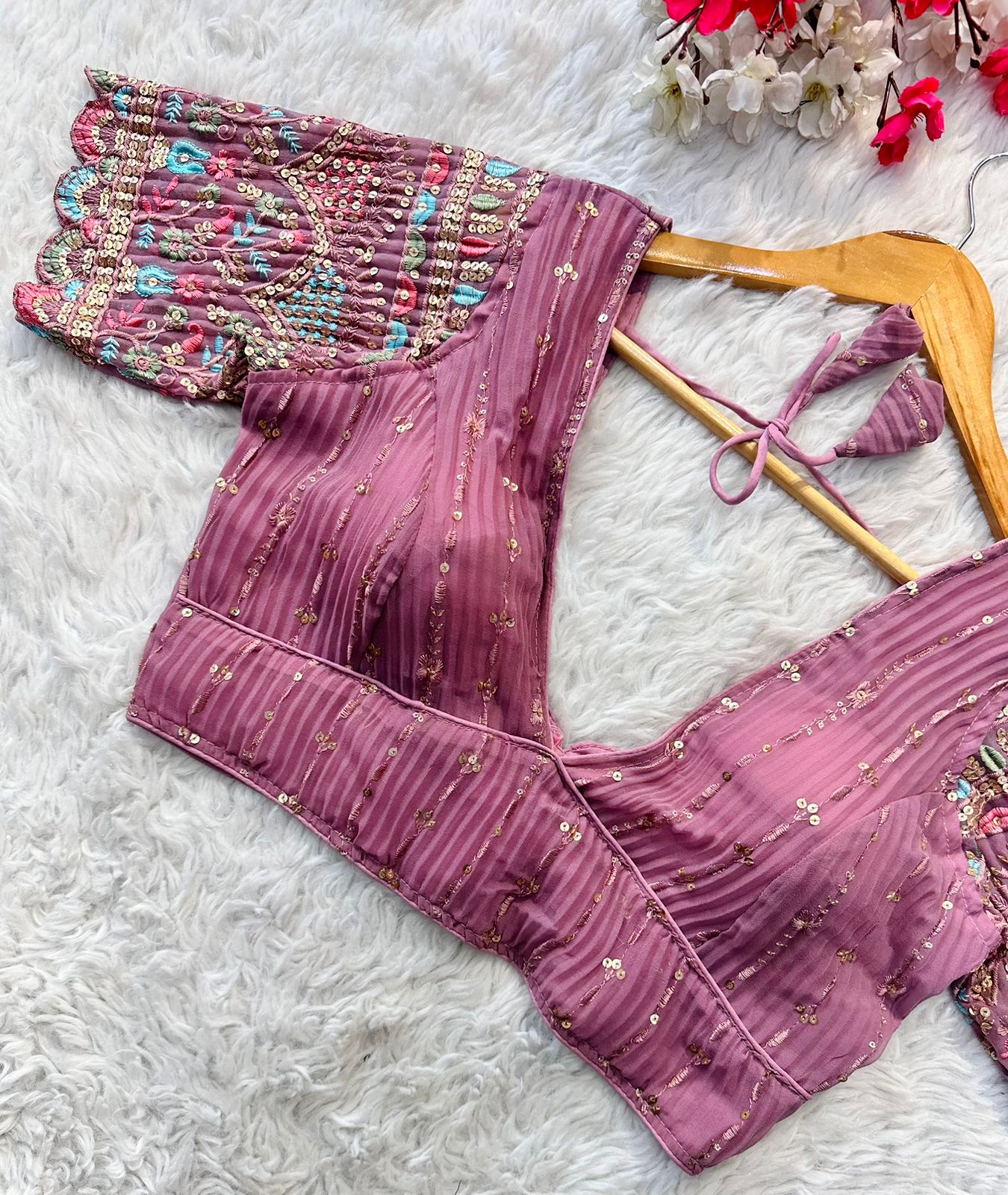 Embroidered Ruffled Georgette Blouse With Cording & Sequin Work