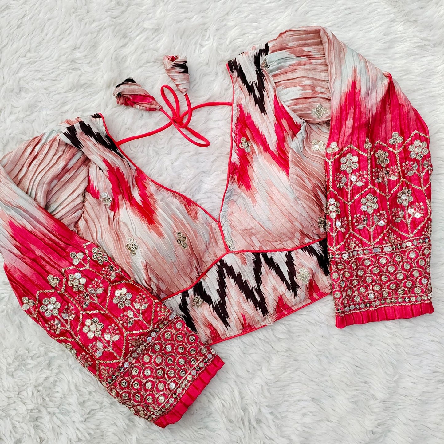 Crushed Silk Printed Floral Zari Embroidered Designer Blouse