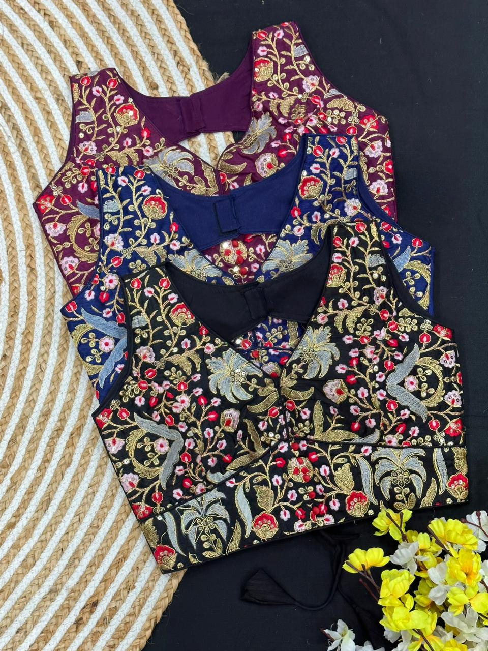 Floral Allover Embroidered Phantom Silk Blouse With Sequins & Optional Sleeves