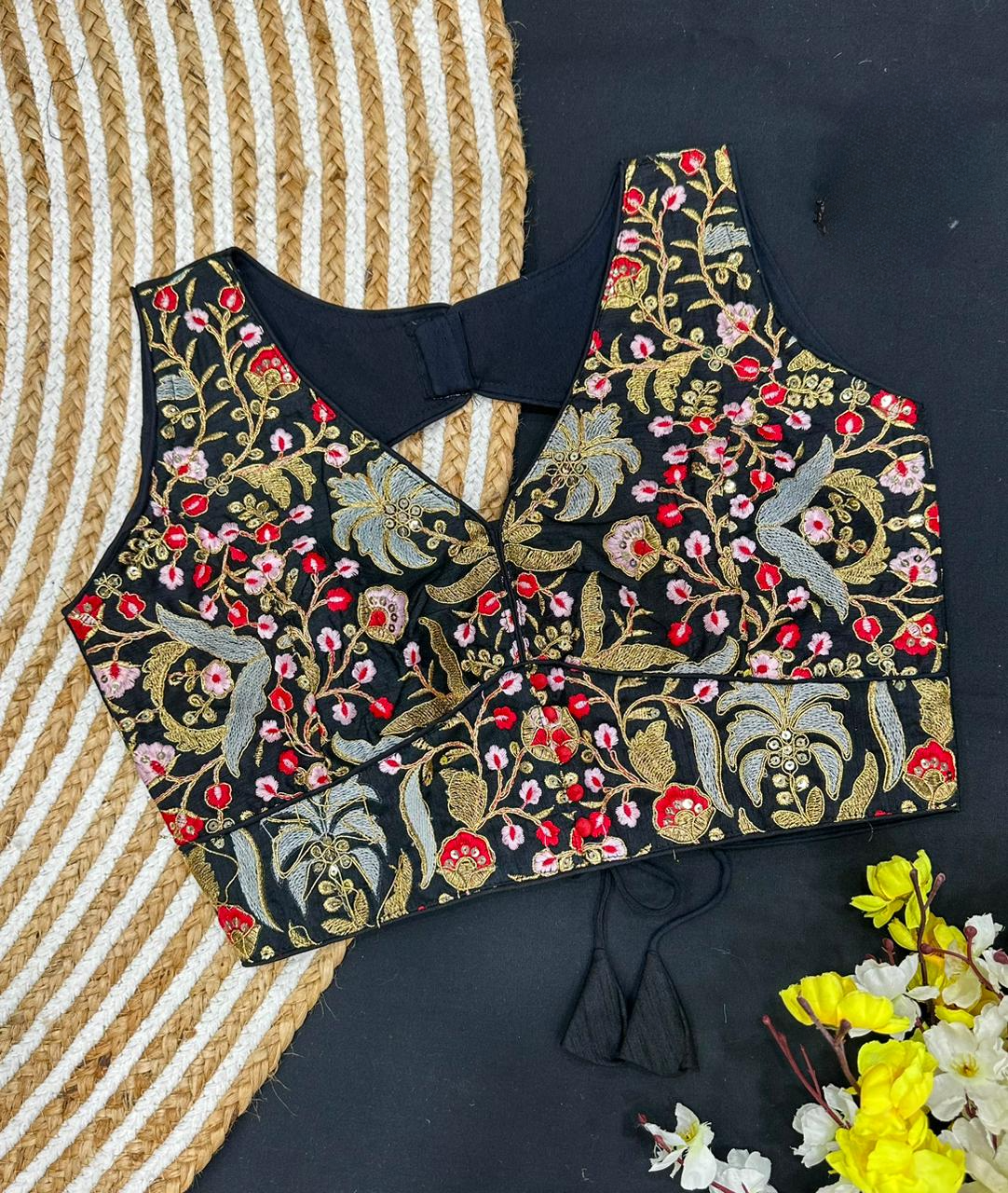 Floral Allover Embroidered Phantom Silk Blouse With Sequins & Optional Sleeves