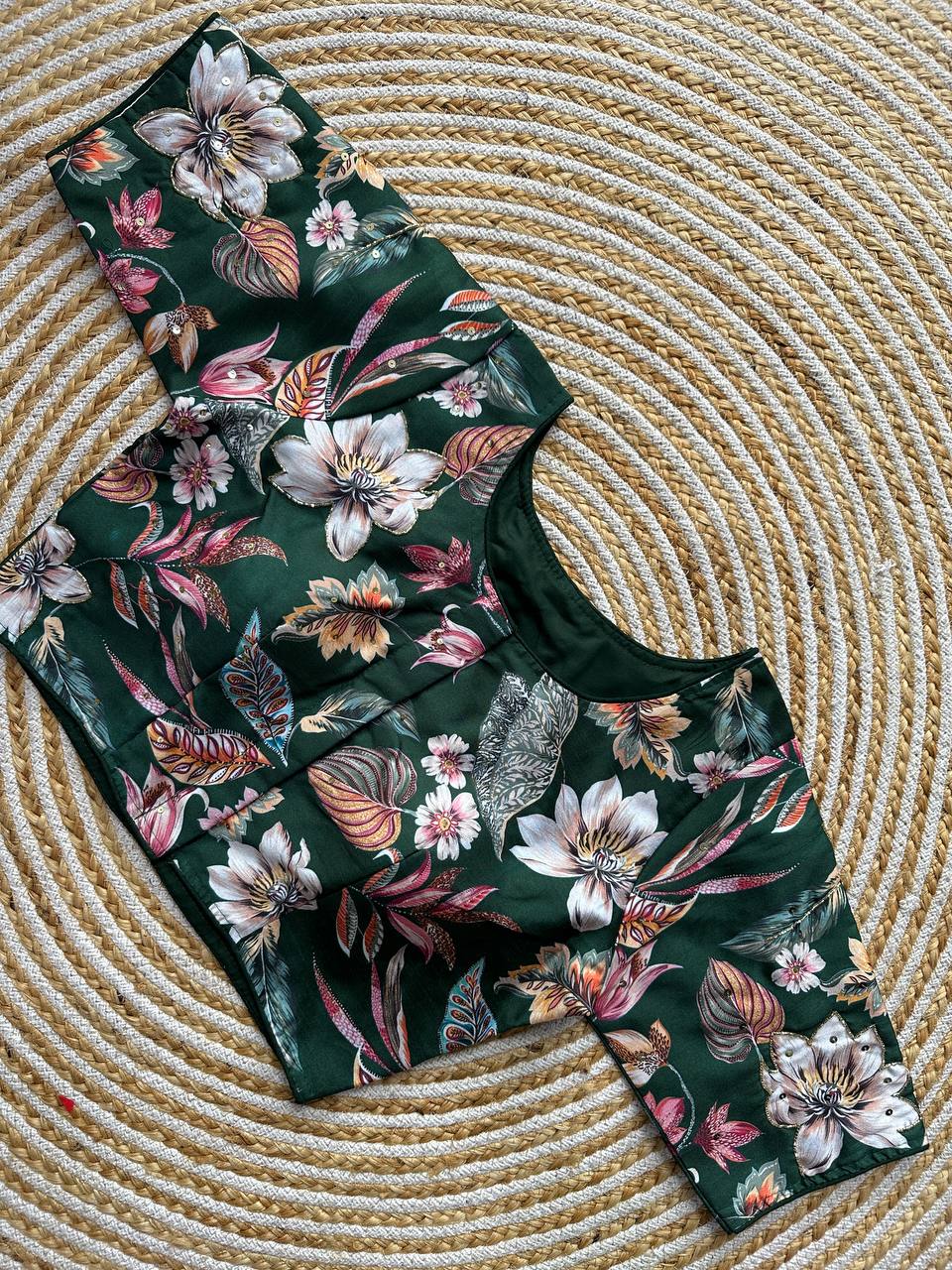 Sequin Embellished Pichwai Printed Designer Silk Blouse
