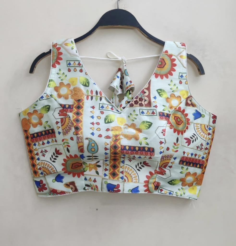 Abstract Digital Printed Raw Silk Designer Blouse With Cording