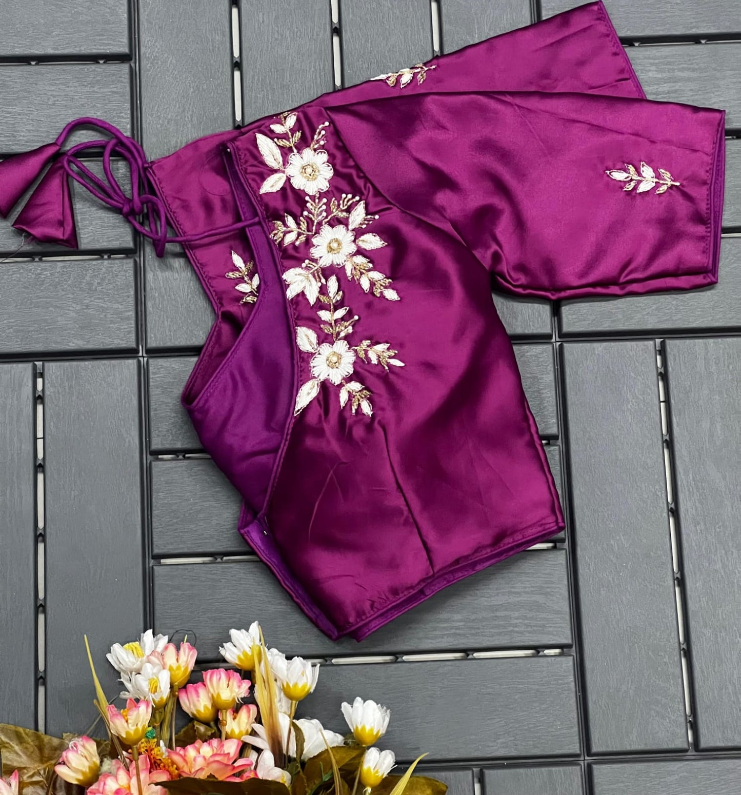 Floral Embroidered Work Silk Blouse With V-Neck At Back