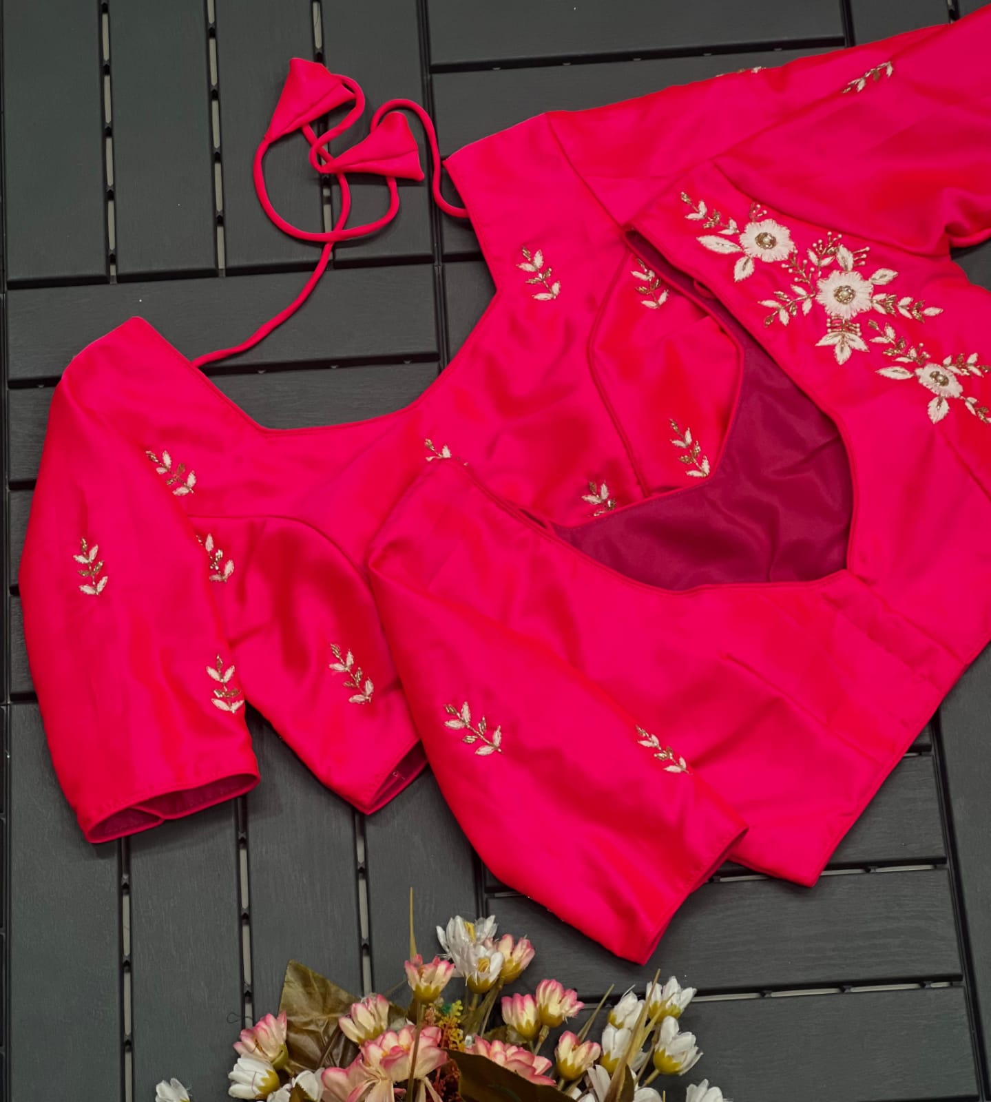 Floral Embroidered Work Silk Blouse With V-Neck At Back