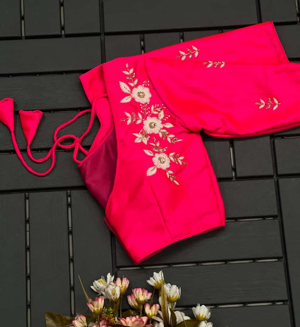 Floral Embroidered Work Silk Blouse With V-Neck At Back