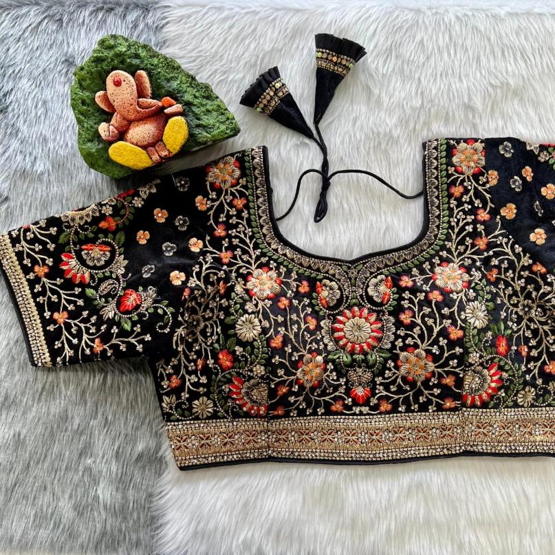 Bridal Wedding Sequin and Zari Embroidered Designer Velvet Blouse- Plus Size