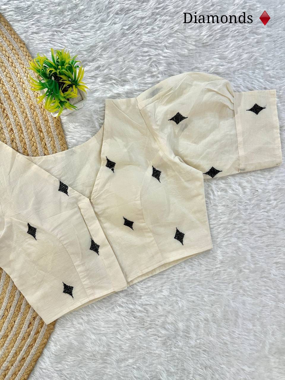 Cards Embroidered Khadi Cambric Designer Blouse With Puffed Sleeves