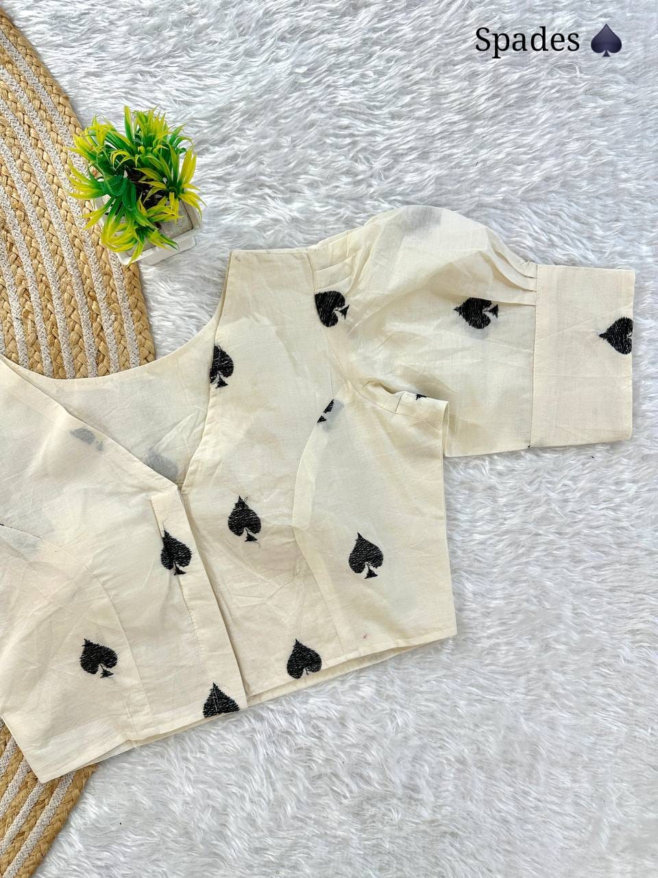 Cards Embroidered Khadi Cambric Designer Blouse With Puffed Sleeves