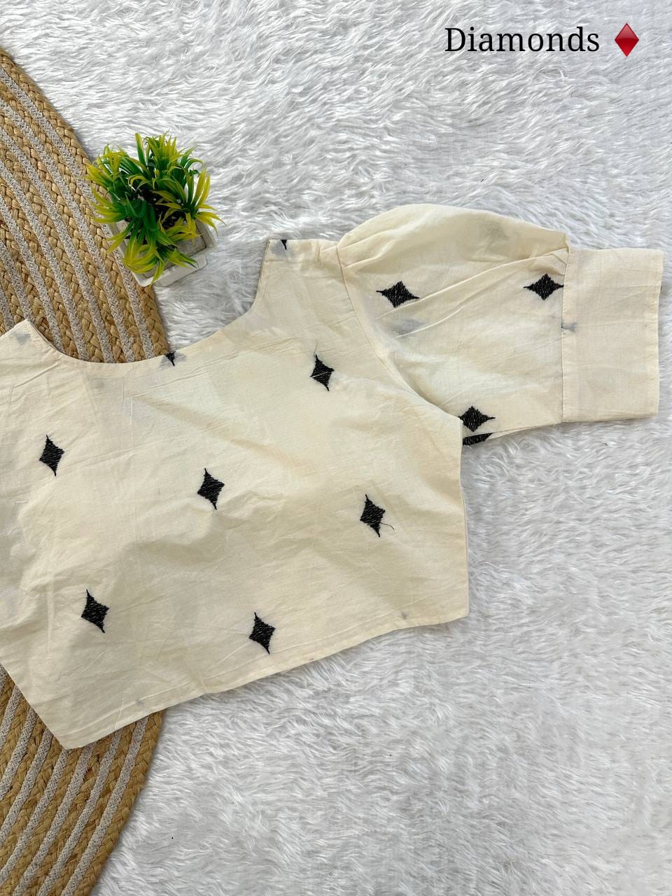 Cards Embroidered Khadi Cambric Designer Blouse With Puffed Sleeves