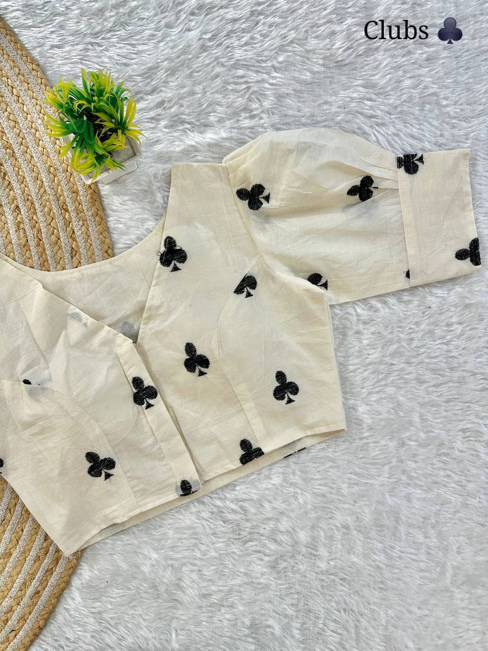 Cards Embroidered Khadi Cambric Designer Blouse With Puffed Sleeves