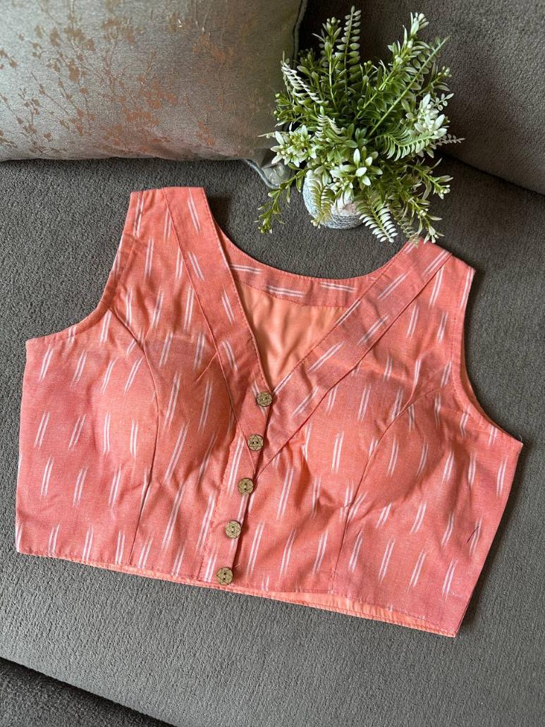 Ikkat Cotton Sleeveless Blouse With V-Neck