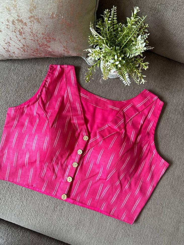 Ikkat Cotton Sleeveless Blouse With V-Neck