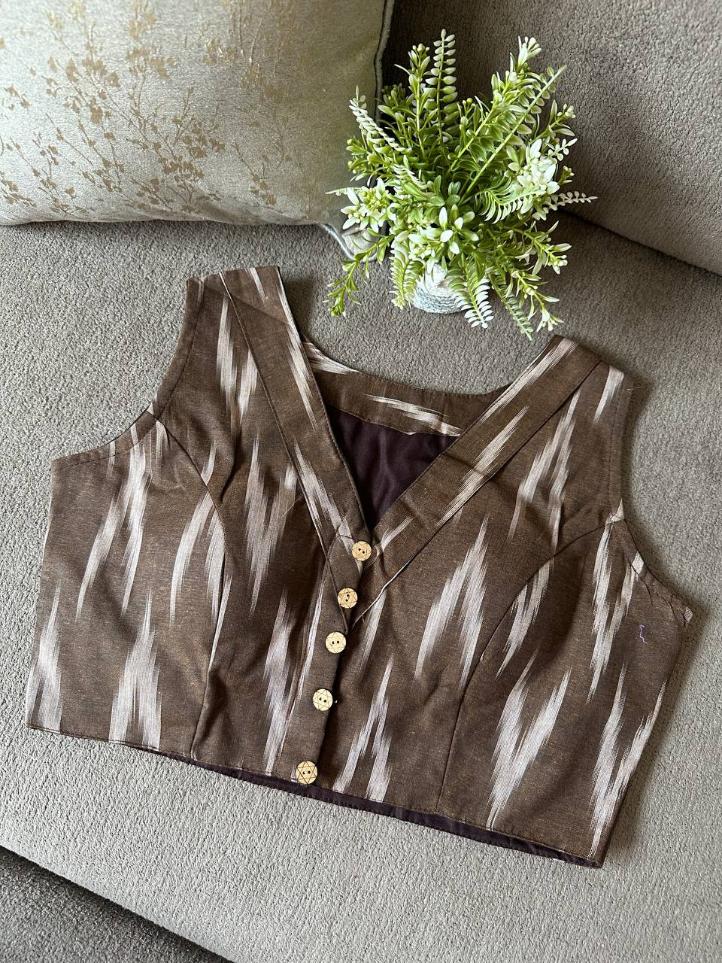 Ikkat Cotton Sleeveless Blouse With V-Neck