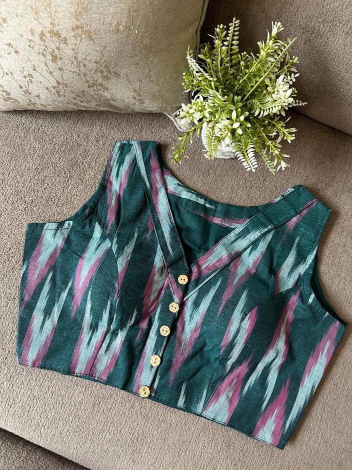 Ikkat Cotton Sleeveless Blouse With V-Neck