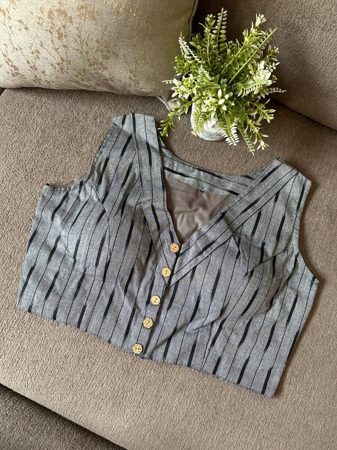 Ikkat Cotton Sleeveless Blouse With V-Neck