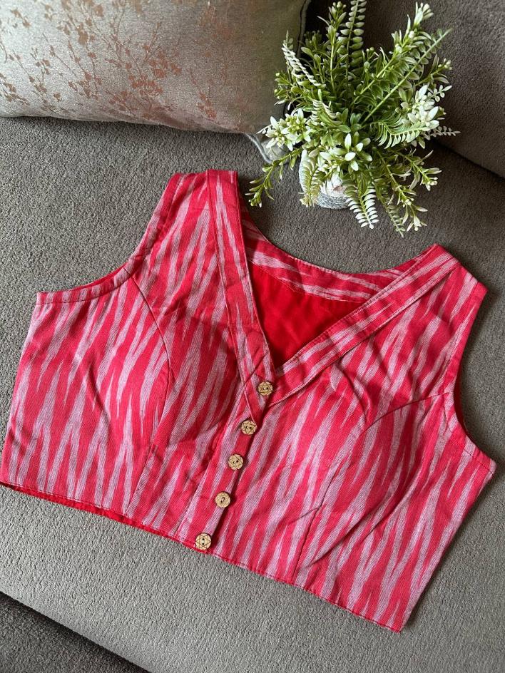 Ikkat Cotton Sleeveless Blouse With V-Neck