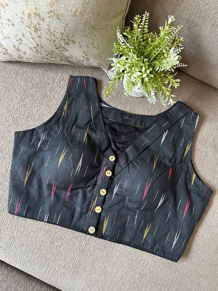 Ikkat Cotton Sleeveless Blouse With V-Neck
