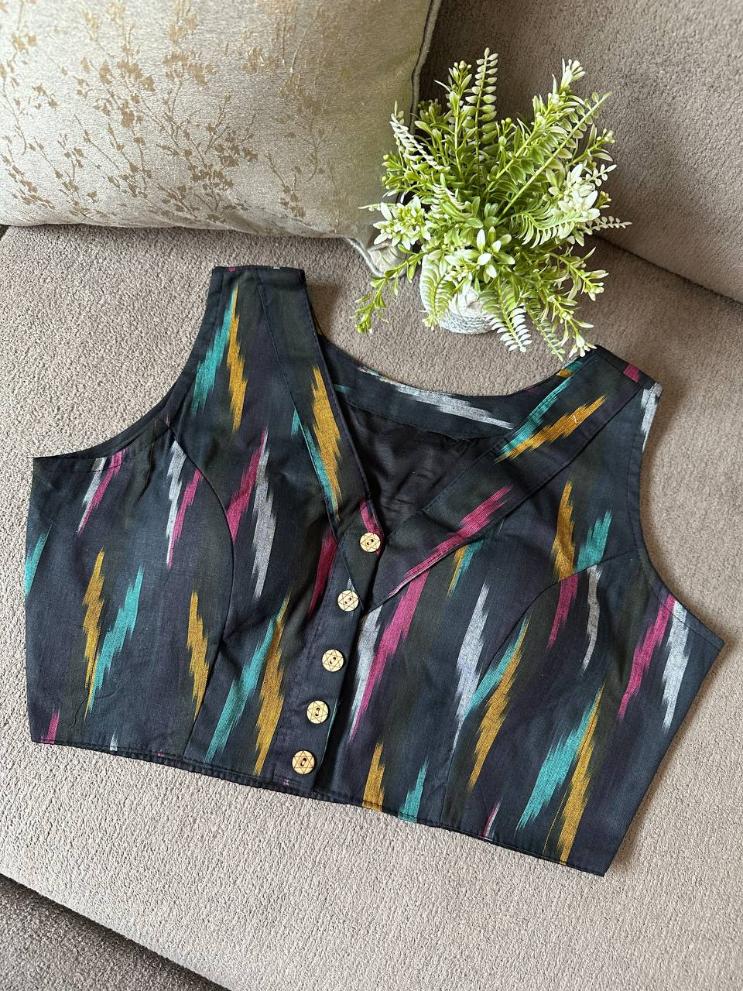 Ikkat Cotton Sleeveless Blouse With V-Neck