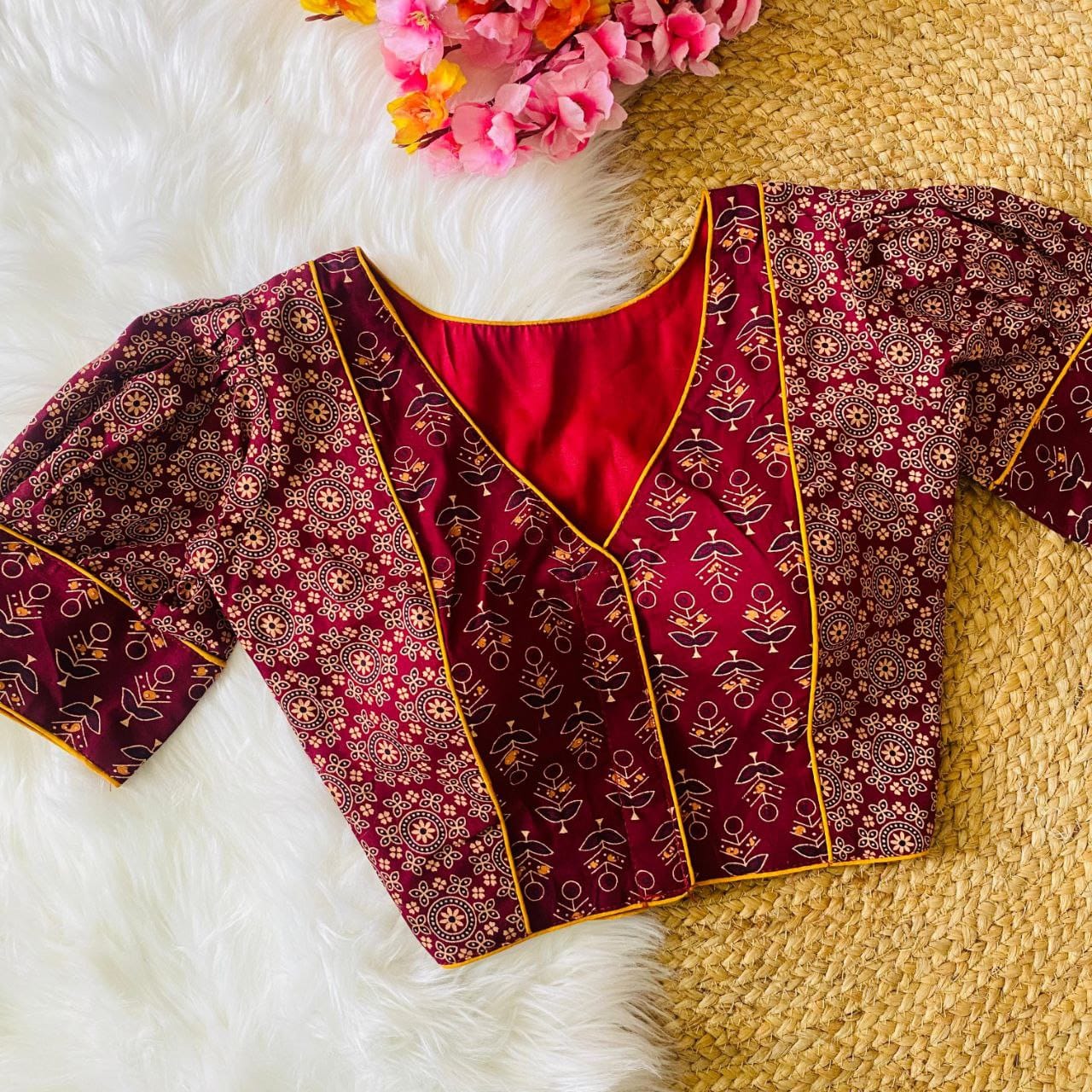 Dishanki Ajrakh Dual Motifs Balloon Sleeved Printed Cotton Blouse
