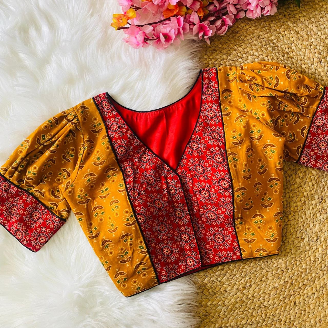Dishanki Ajrakh Dual Motifs Balloon Sleeved Printed Cotton Blouse