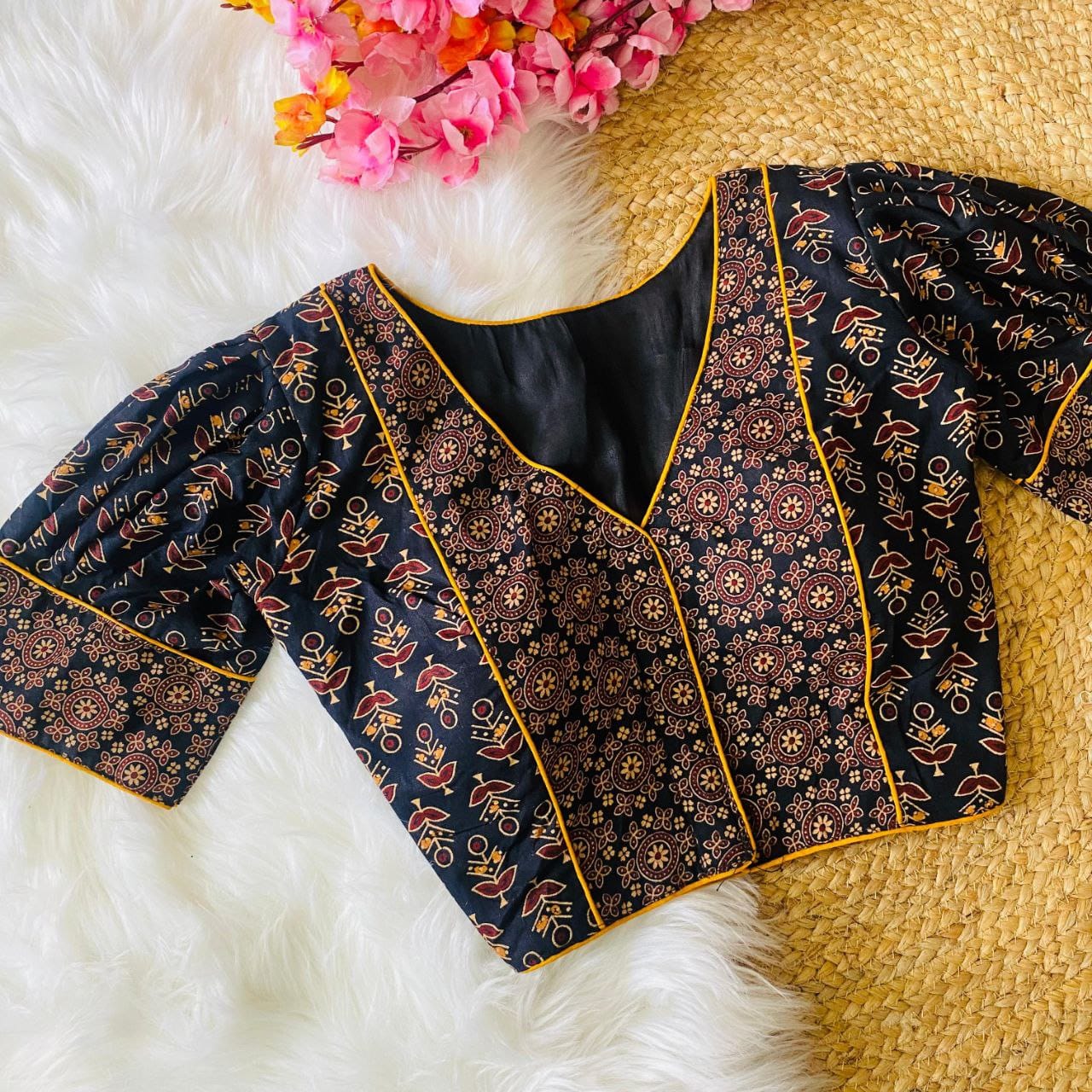 Dishanki Ajrakh Dual Motifs Balloon Sleeved Printed Cotton Blouse