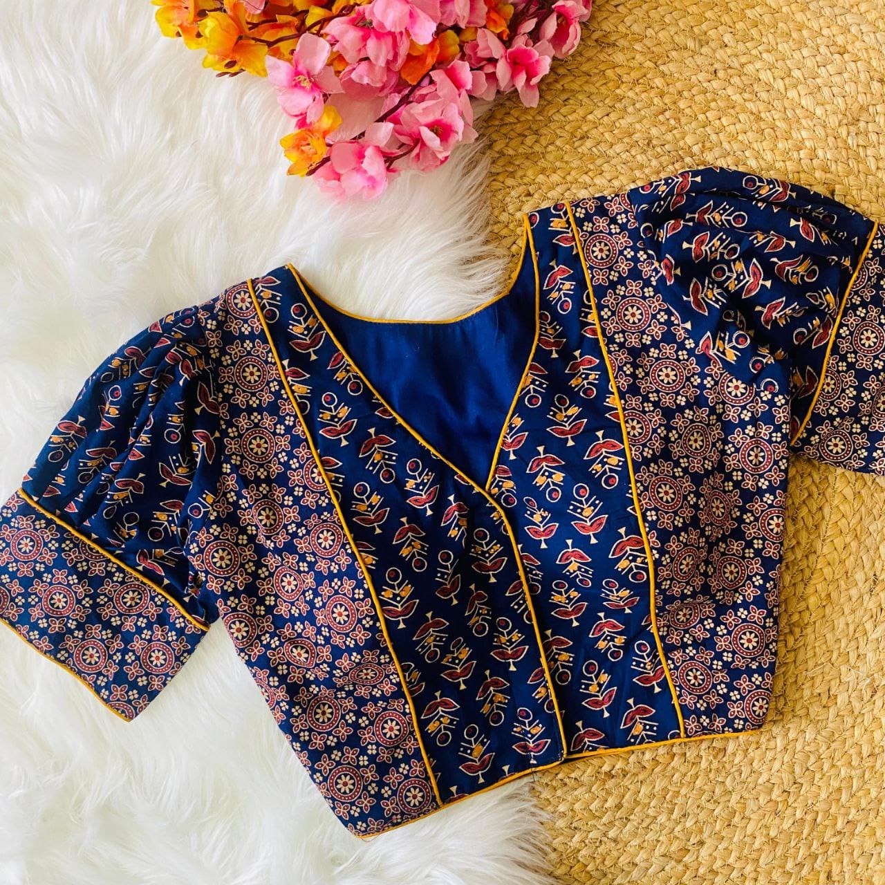 Dishanki Ajrakh Dual Motifs Balloon Sleeved Printed Cotton Blouse