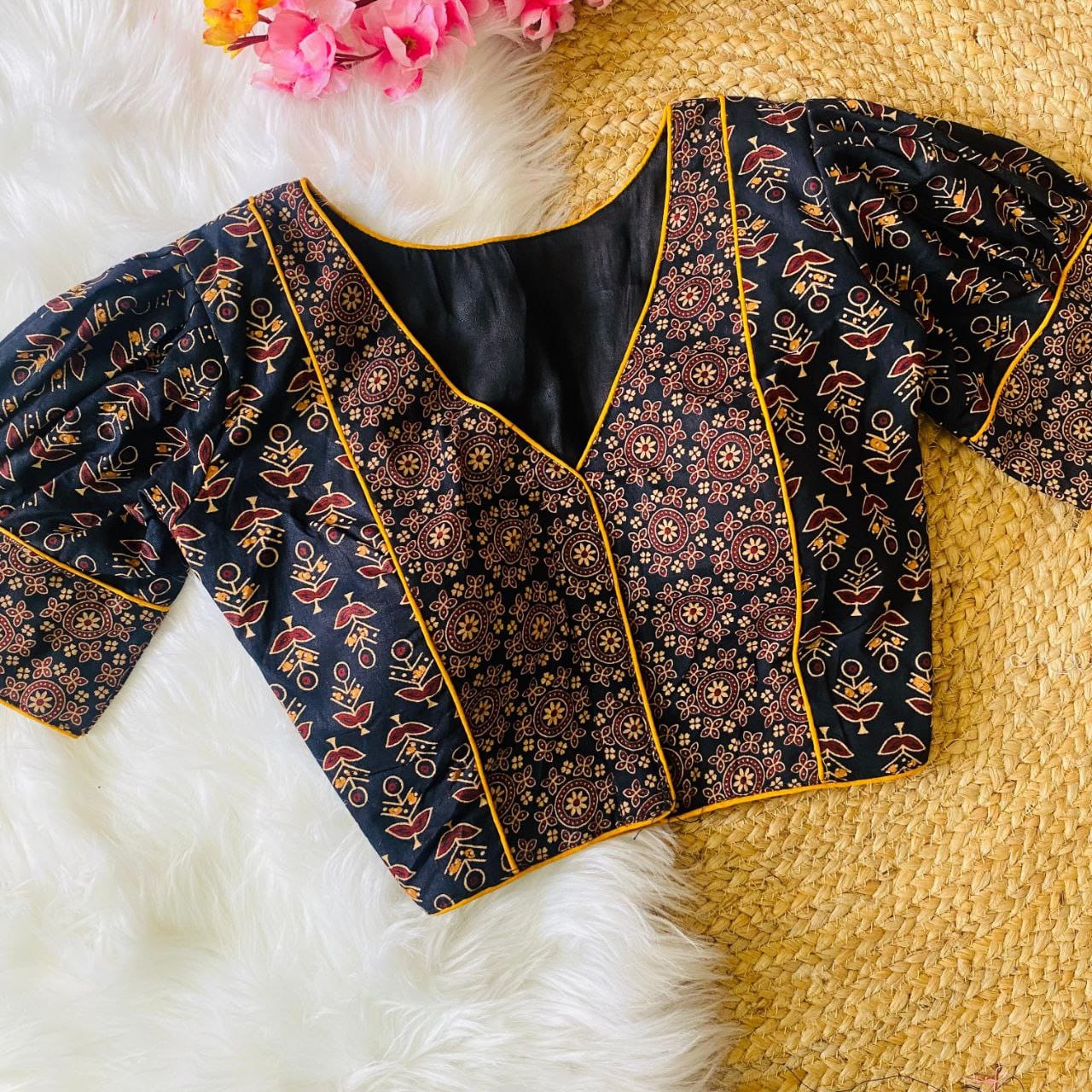 Dishanki Ajrakh Dual Motifs Balloon Sleeved Printed Cotton Blouse