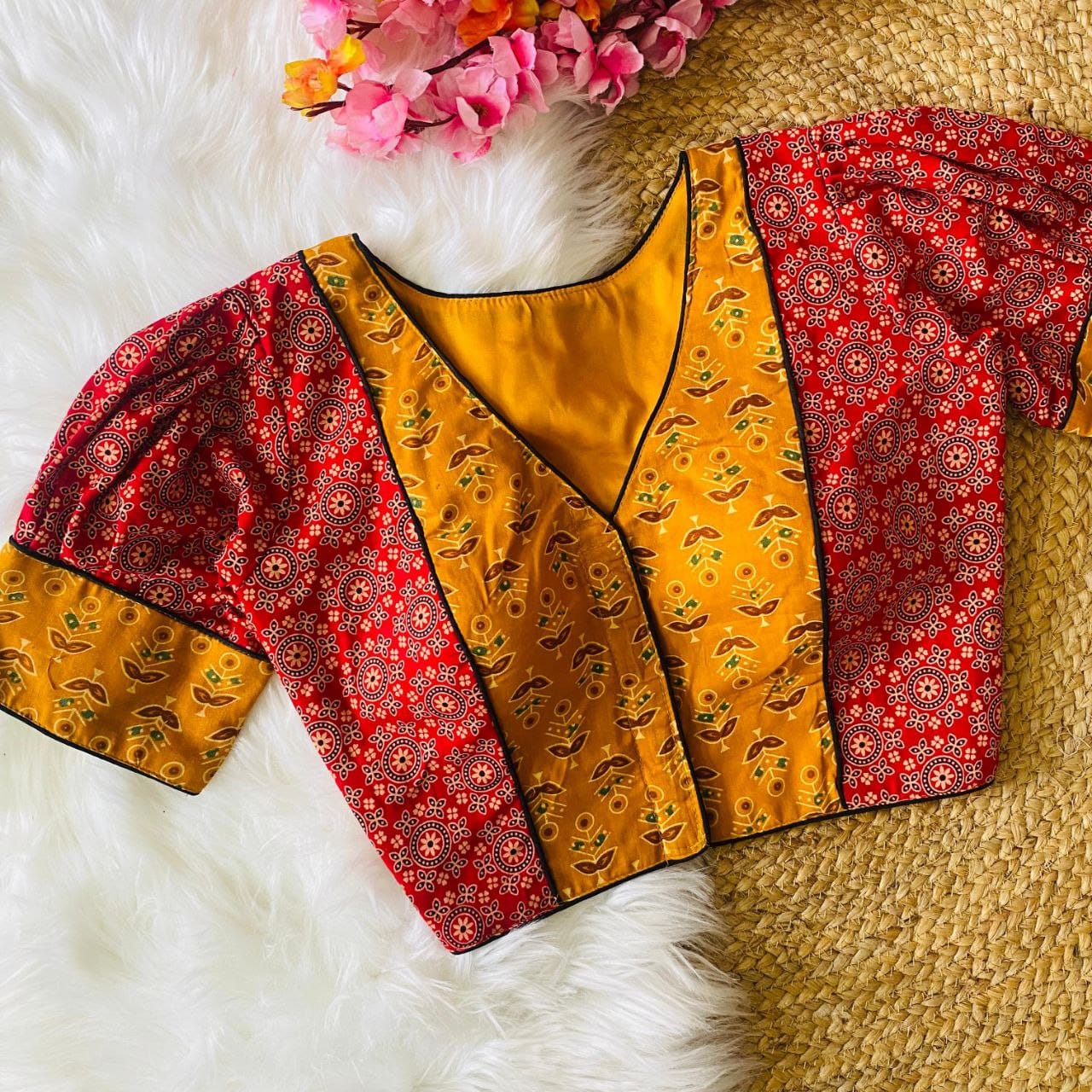 Dishanki Ajrakh Dual Motifs Balloon Sleeved Printed Cotton Blouse