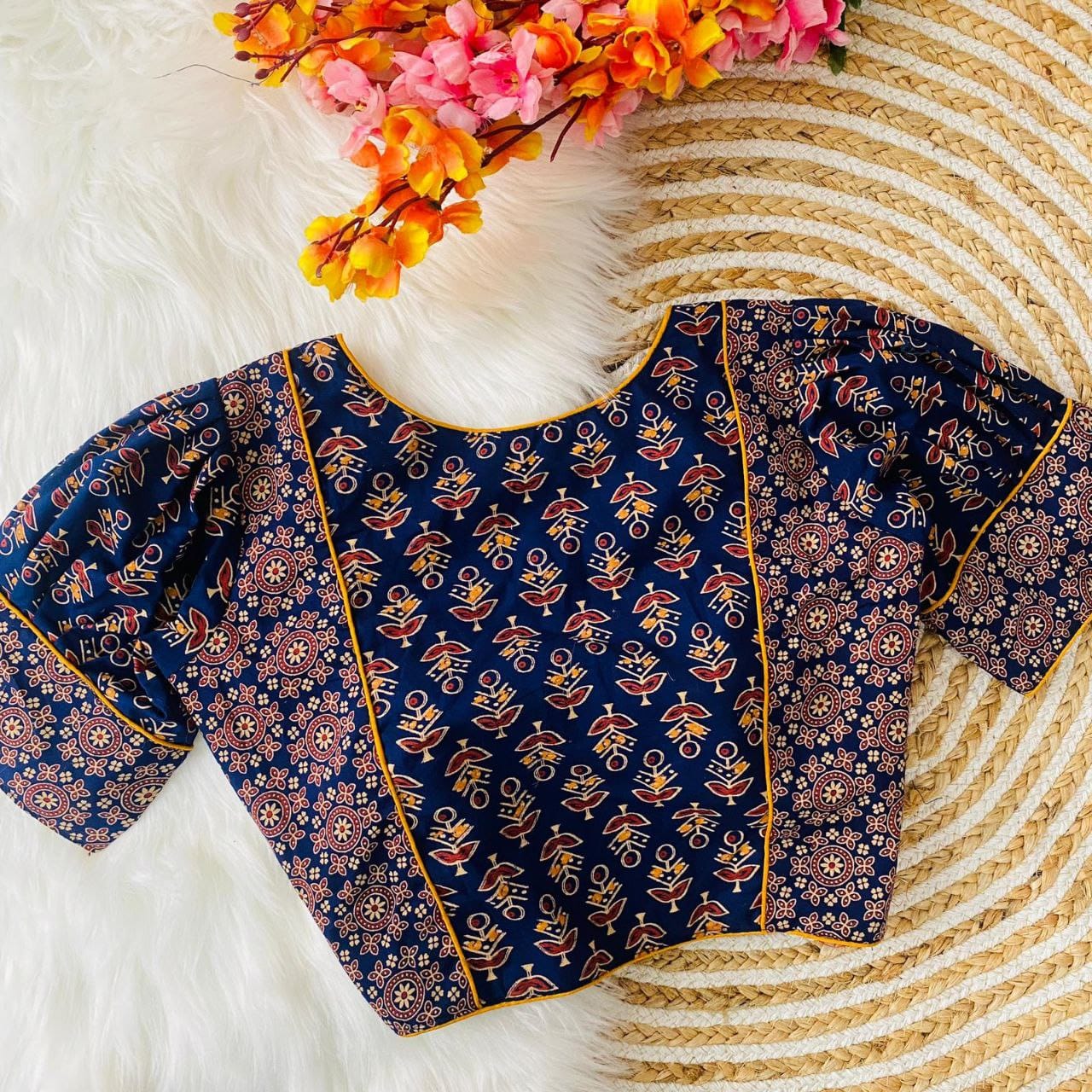 Dishanki Ajrakh Dual Motifs Balloon Sleeved Printed Cotton Blouse