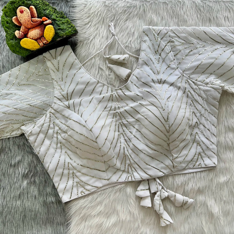 White Wavy Gotapatti Lace Georgette Designer Blouse