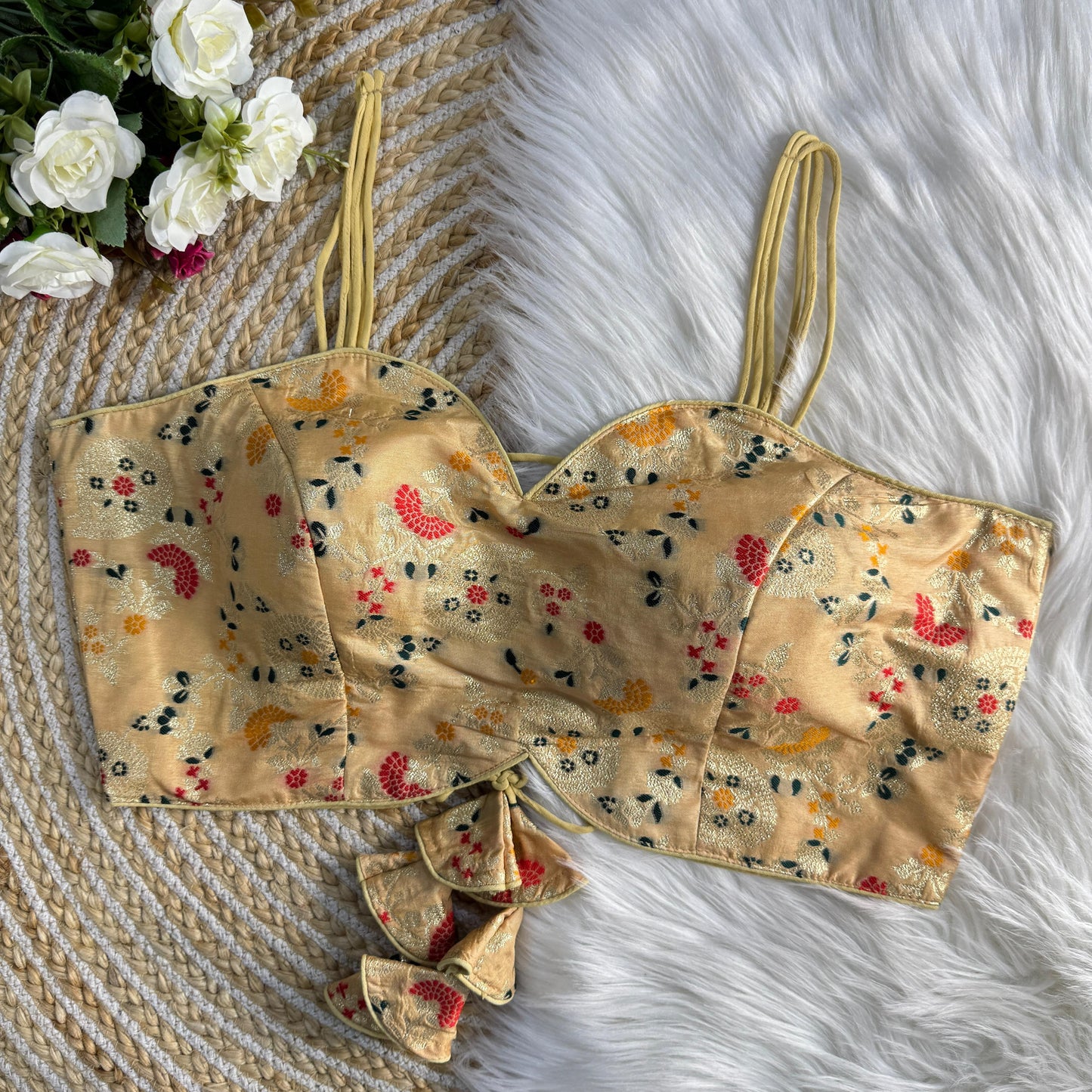 Gold Back Open Noodle Straps Banarasi Silk Designer Blouse