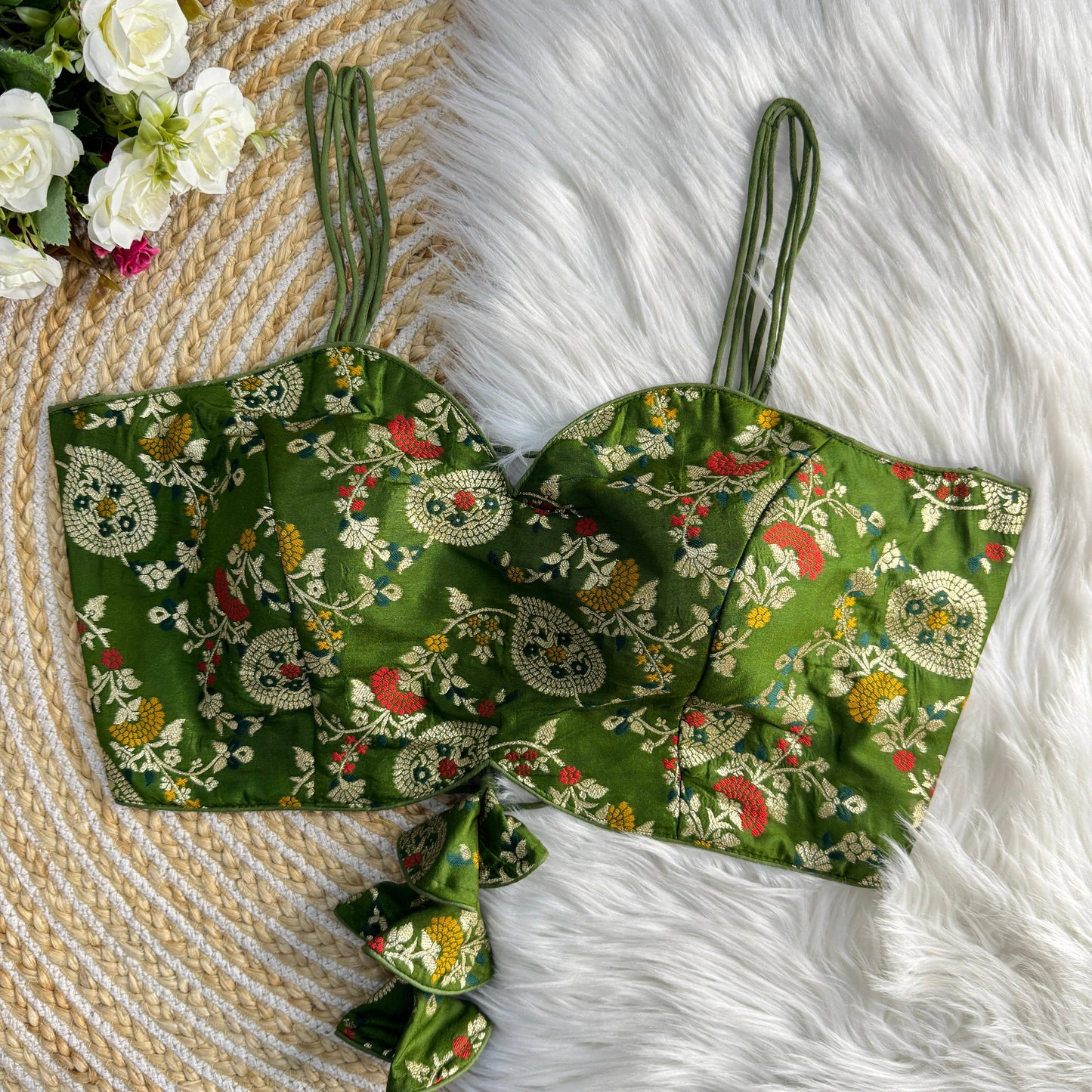 Parrot Green Back Open Noodle Straps Banarasi Silk Designer Blouse