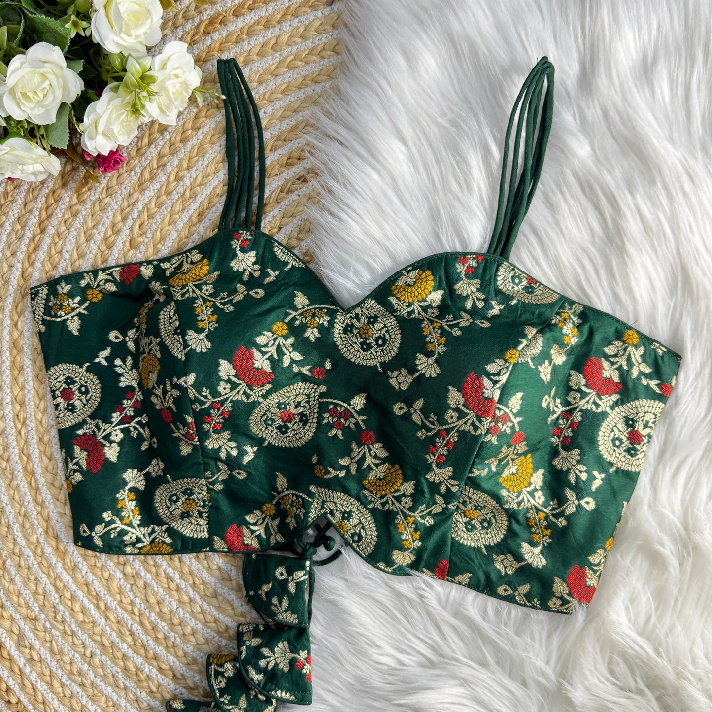 Green Back Open Noodle Straps Banarasi Silk Designer Blouse