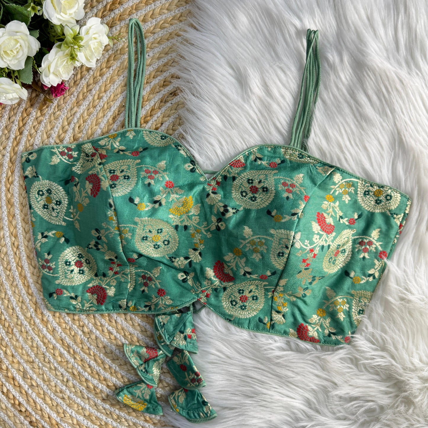Seagreen Back Open Noodle Straps Banarasi Silk Designer Blouse