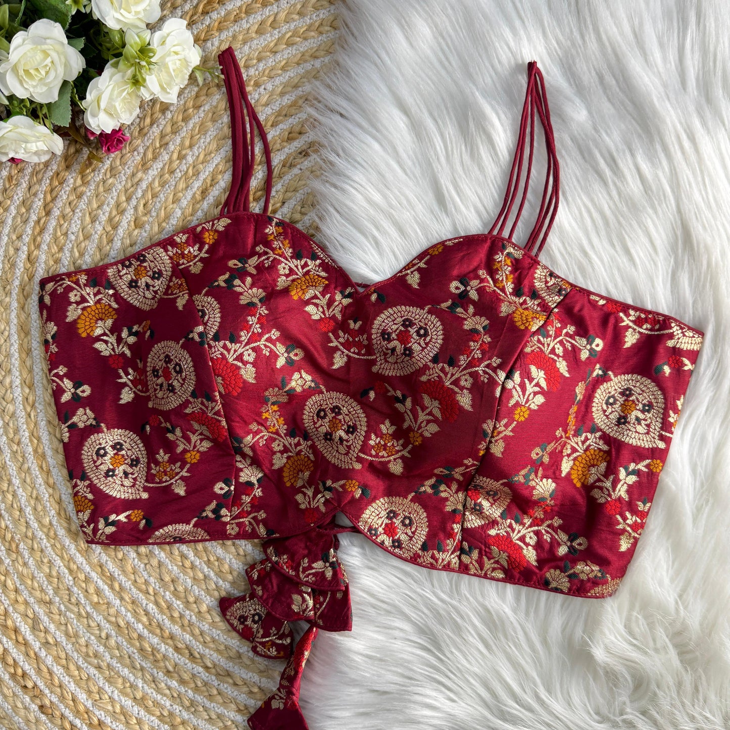 Maroon Back Open Noodle Straps Banarasi Silk Designer Blouse