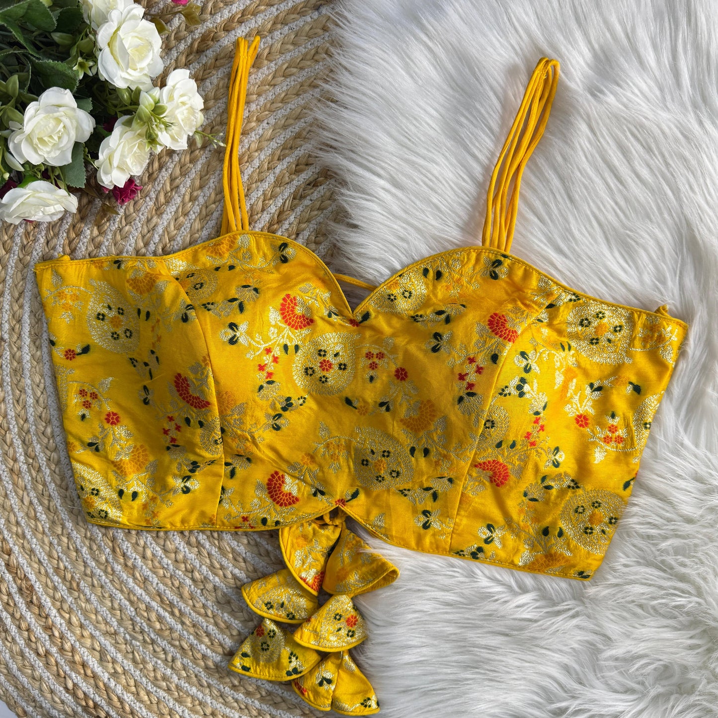 Yellow Back Open Noodle Straps Banarasi Silk Designer Blouse
