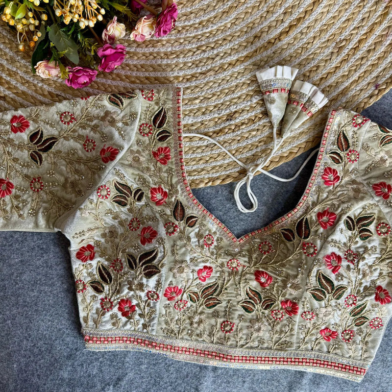 Heavy Embroidered V-Neck Designer Velvet Bridal Blouse