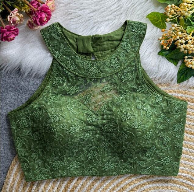 Halter Neck Net Embroidered Blouse