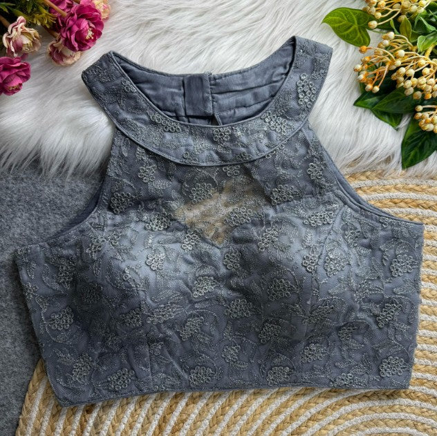 Halter Neck Net Embroidered Blouse