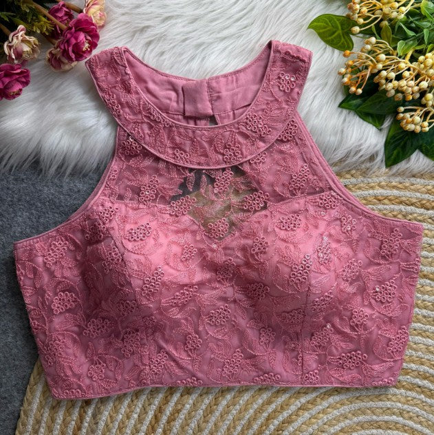 Halter Neck Net Embroidered Blouse