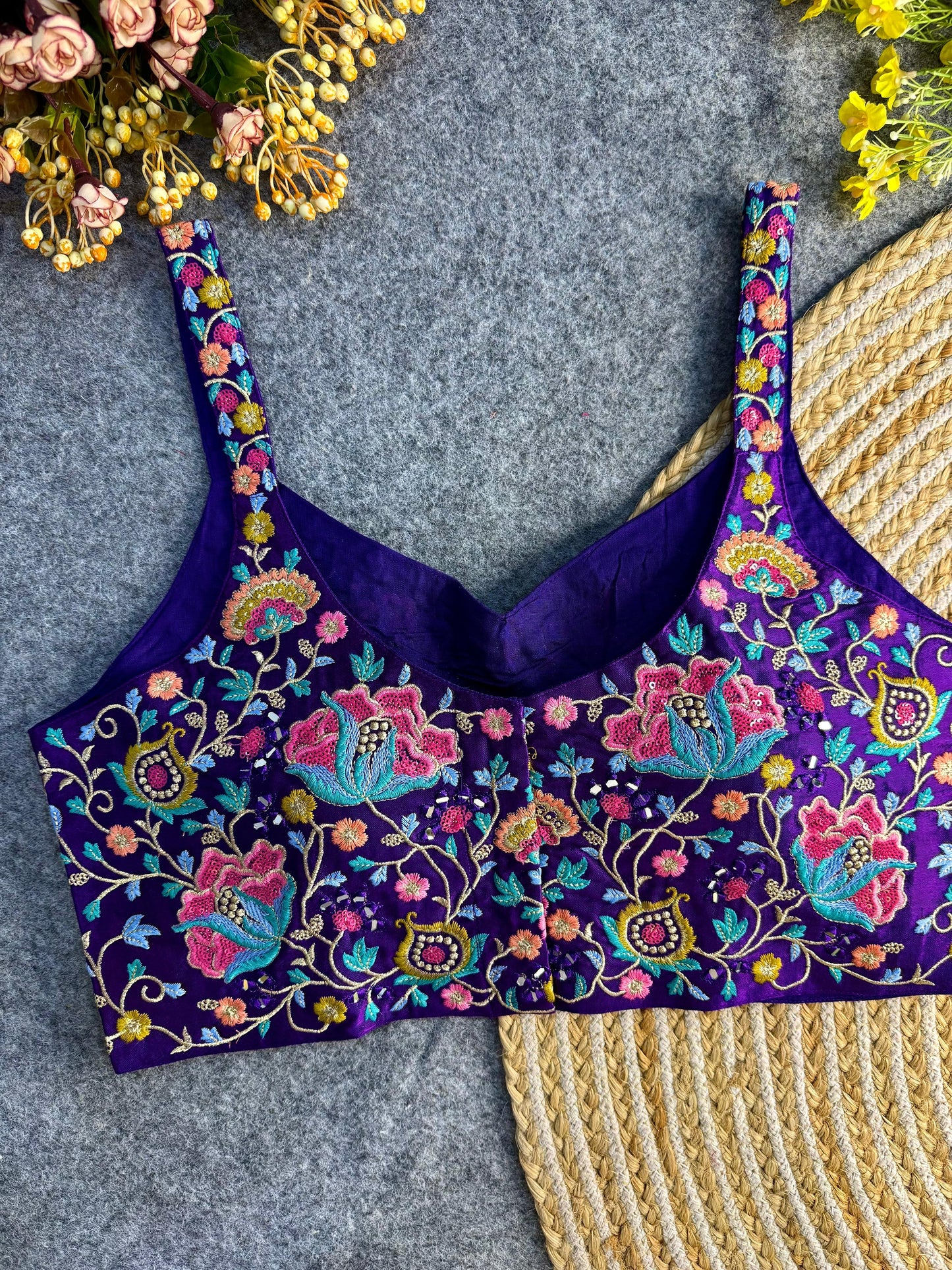 Shop Purple Embroidered Sphagetti Navratri Blouse On Sale- STORI