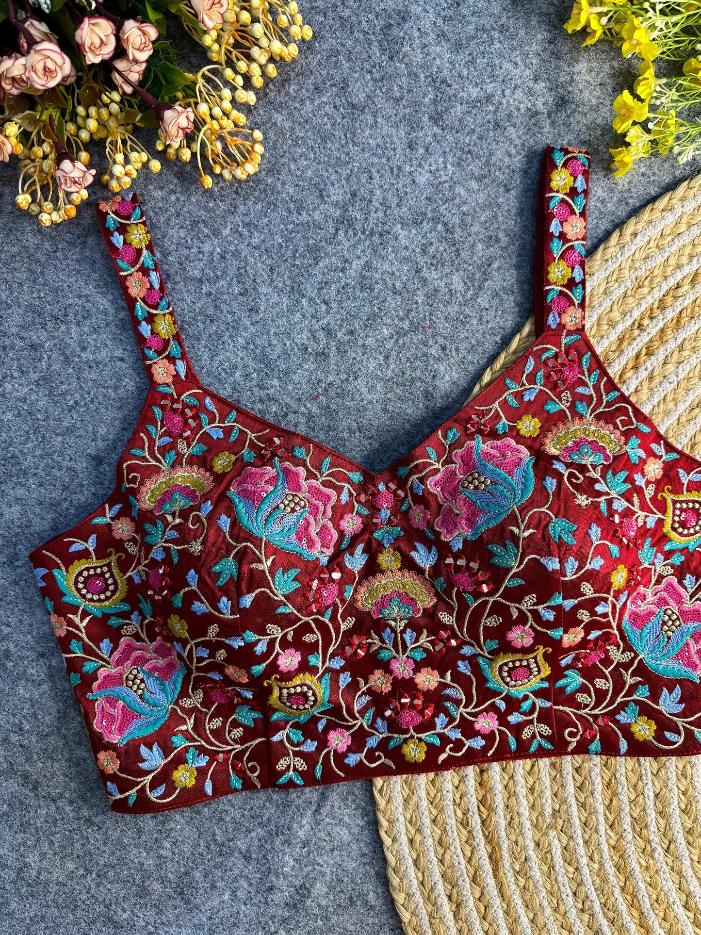 Shop Maroon Embroidered Spaghetti Navratri Blouse On Sale- STORI