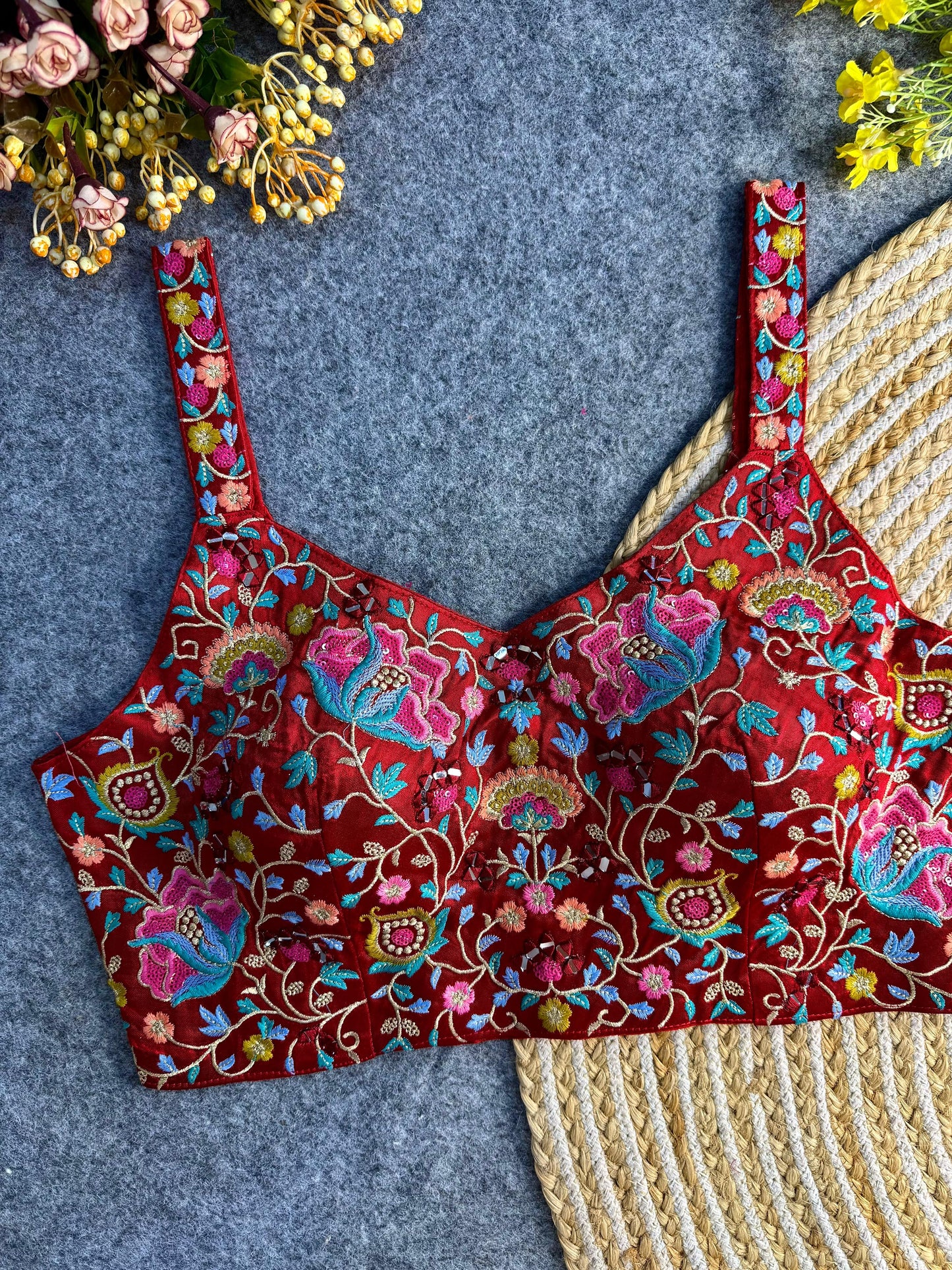 Shop Red Embroidered Sphagetti Navratri Blouse On Sale- STORI