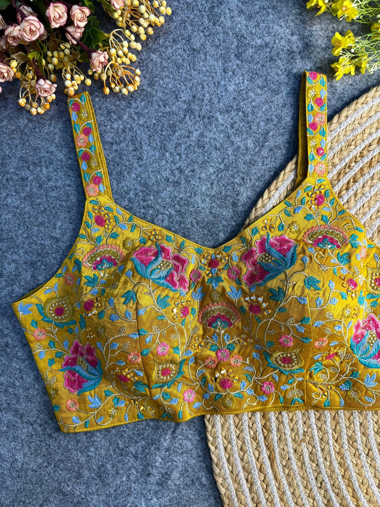 Shop Yellow Embroidered Sphagetti Navratri Blouse On Sale- STORI