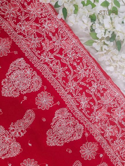Bridal Red Sanah Handcrafted Lucknowi Chikankari Saree